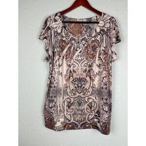 Cato Women's Boho Paisley Scroll Print Top Size XL FLare Short Sleeve Scoop Neck
